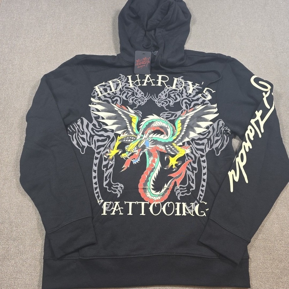 Ed Hardy "Dragon" size Small S Fleece Hoodie Black, Medium Fit See Measurements